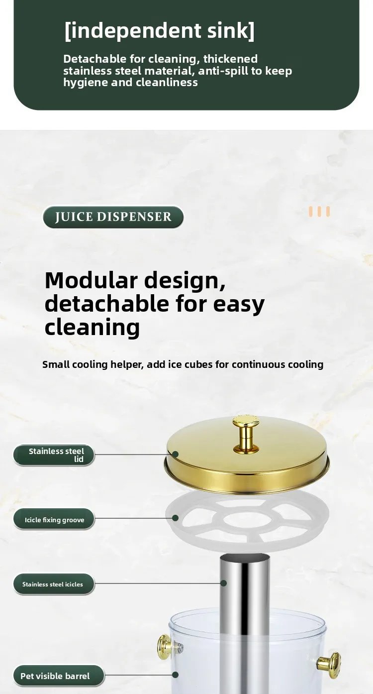 Commercial Double Tank Gold Stainless Steel Juice Dispenser 16L Buffet Beverage Dispenser with Ice Tube for Hotel and Restaurant