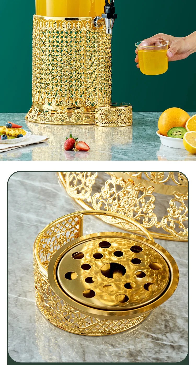 Commercial Double Tank Gold Stainless Steel Juice Dispenser 16L Buffet Beverage Dispenser with Ice Tube for Hotel and Restaurant
