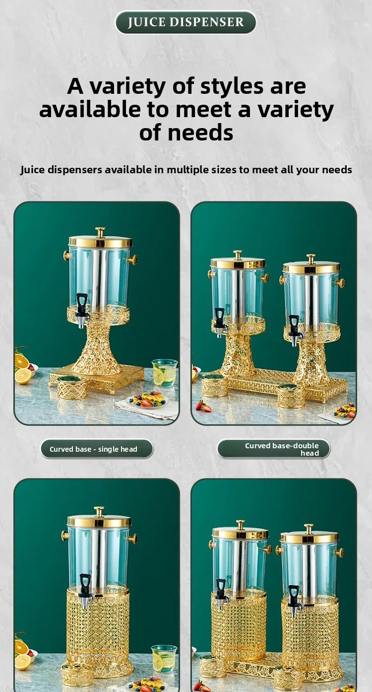 Commercial Double Tank Gold Stainless Steel Juice Dispenser 16L Buffet Beverage Dispenser with Ice Tube for Hotel and Restaurant